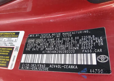 2009 Toyota Camry Le z USA, uszkodzony, nr VIN 4T1BE46K29U393320